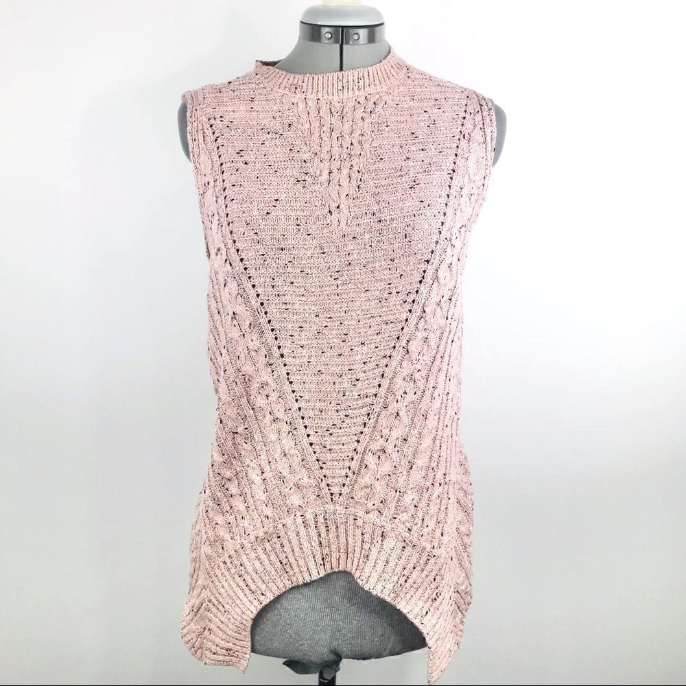 aEON Marled Pink Cable Knit Crew Neck Sweater Vest with Slit Back Detailing
